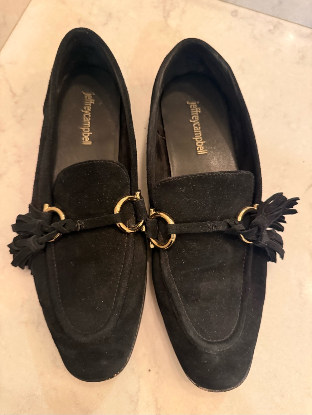 Jeffrey Campbell Black Suede Tassel Loafers with Gold Hardware